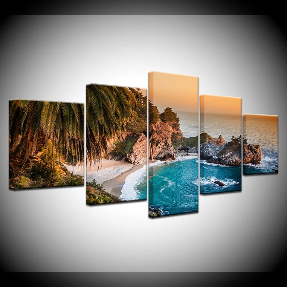 

Modern Home Decor Wall Art Painting Sea Beach Canvas Picture Wall Artwork Print On Canvas Painting Modular Frame 5 Piece
