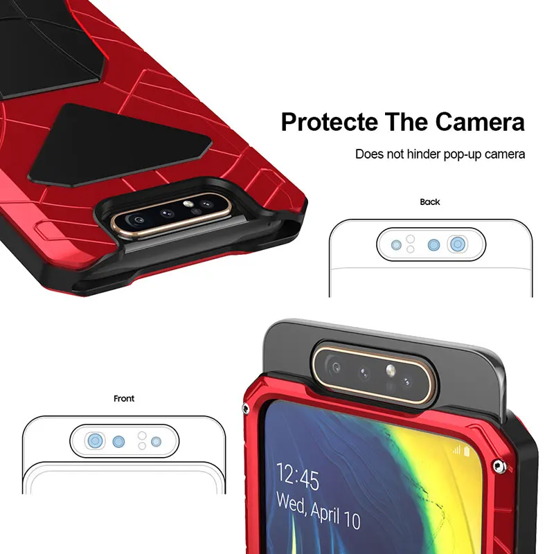 For Samsung Galaxy A80 Phone Case Hard Aluminum Metal Tempered Glass Screen Gift Protector Cover Heavy Duty Protection Cover