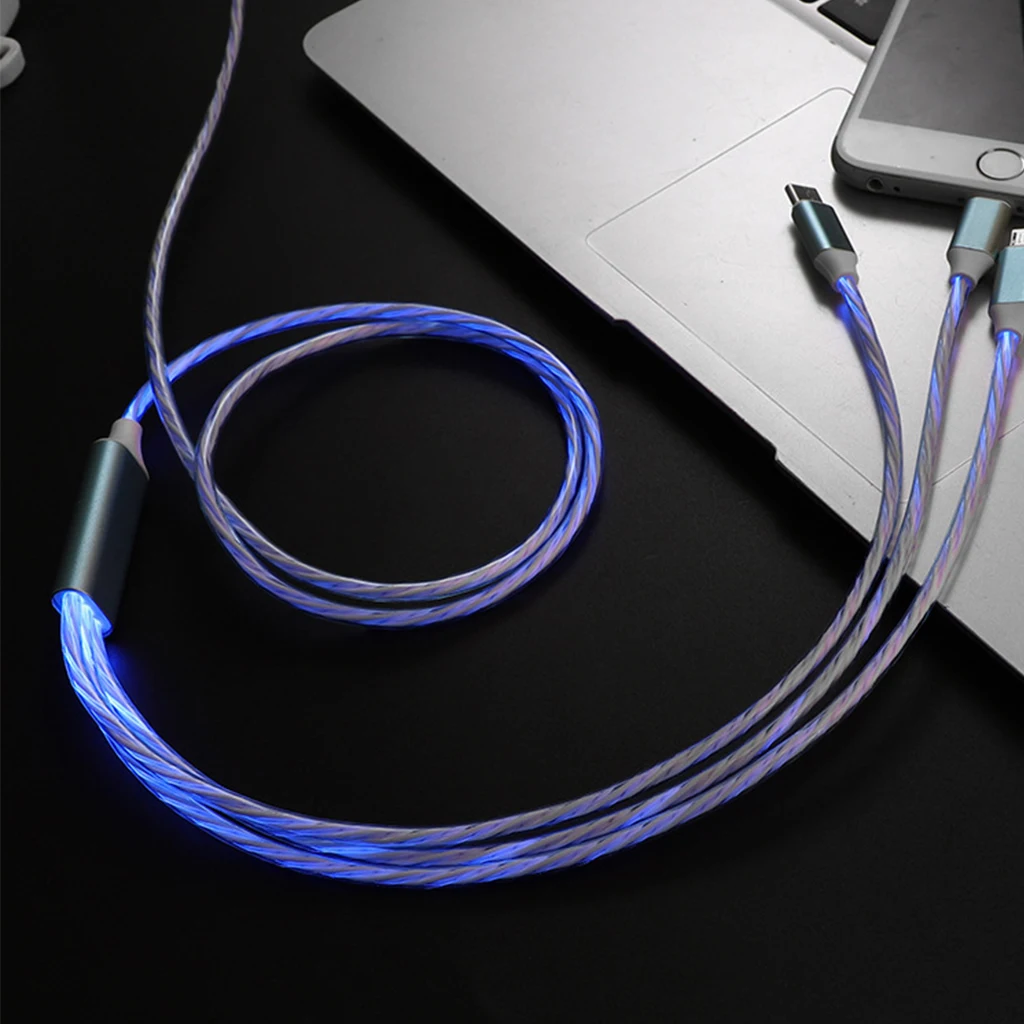 Синий Кабель Micro USB/type C/Lightning 3 в 1 светодиодный кабель с током для зарядки iPhone huawei Sumsung смартфонов - Цвет: Синий