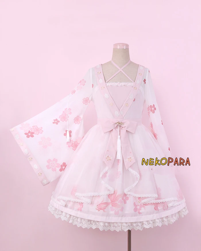 Goldfish Princess Hime Chinese Hnafu Style Lolita Dress Long Sleeve Bow Fake 2PCS Organza Fairy Kei Pink One Piecec Cute