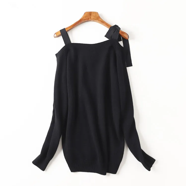 100% goat cashmere knit women fashion slash neck pullover sweater bowknot sling shoulder mid-long H-straight wide loose S/M/L | Женская