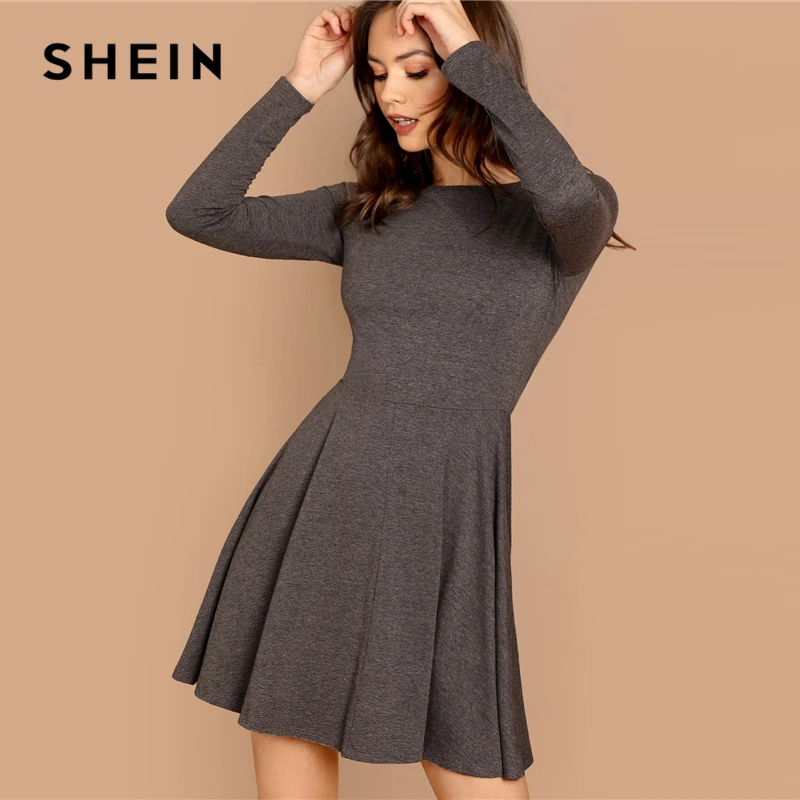 SHEIN Трикотажное Платье-Клёш Женское Осеннее Серое Элегантное Платье С Длинными Рукавами И Круглым Вырезом