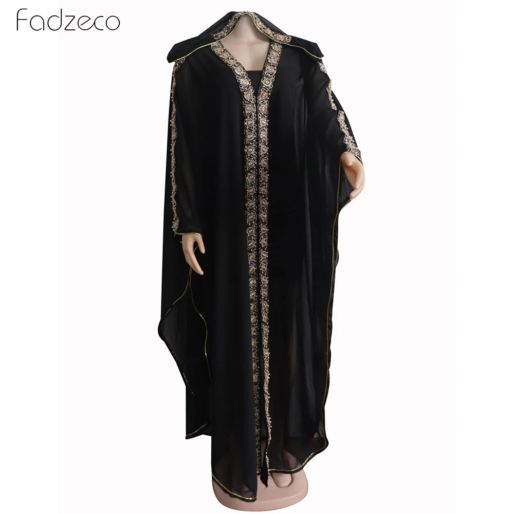 Fadzeco African Dresses For Women Traditional Two-piece Design Bazin Chiffon Gold Rim Decoration Hooded Dashiki Dress | Тематическая