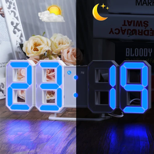 Синий Цифровой большой 3D Будильник Белый светодиодный дисплей цифровые цифры настенные часы с 3 уровнями яркости Будильник Повтор часы USB кабель - Цвет: Синий