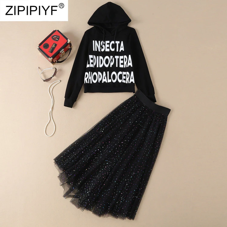 

Womens Sets 2019 Fashion Casual Hooded Sweatshirt Suits With mesh Skirts Ladies Tracksuit Letter Print Two Piece Set Woman H6414