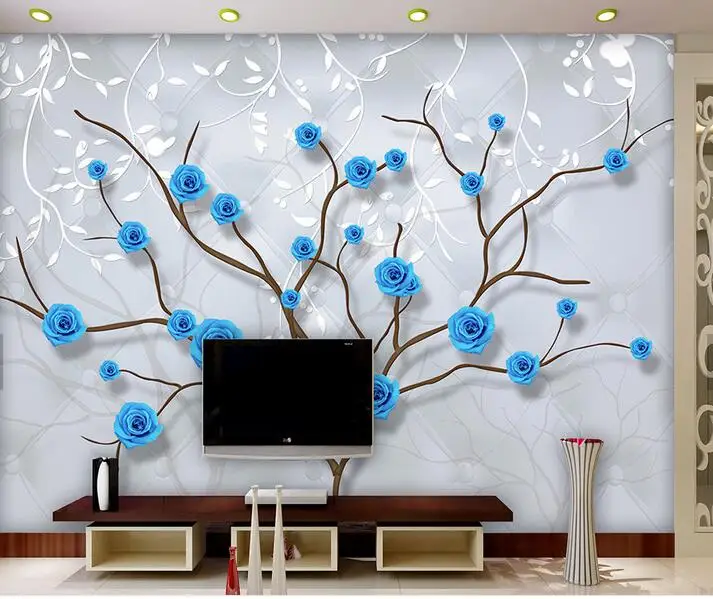 

3D Embossed Wallpaper Blue Rose Pattern TV Background Modern Europe Wall Art Mural for Living Room Large Painting Home Decor