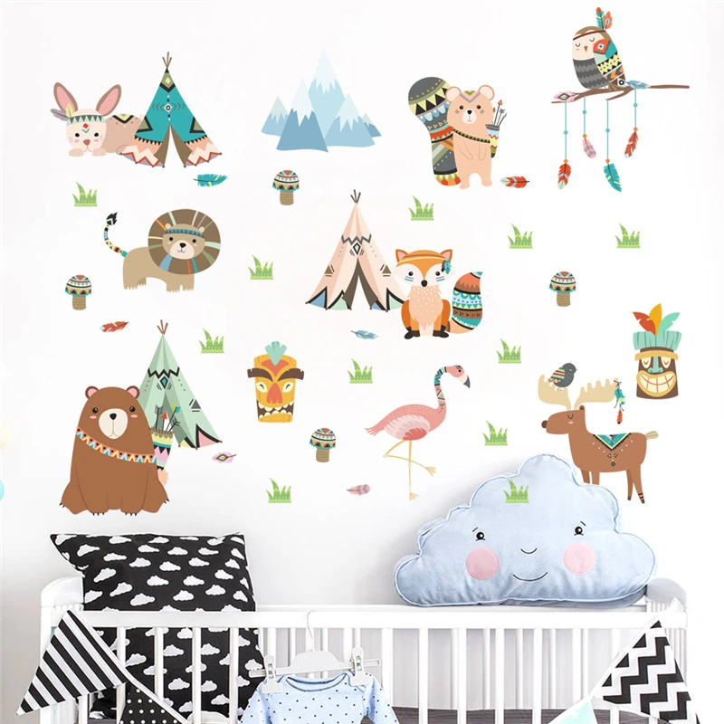 

cute owl lion bear fox indian tribe wall stickers for kids rooms home decor cartoon animals wall decals pvc mural art diy poster