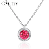 czcity real round ruby gemstone pendant necklaces for women wedding engagement fine jewelry 925 sterling silver collier sn0308
