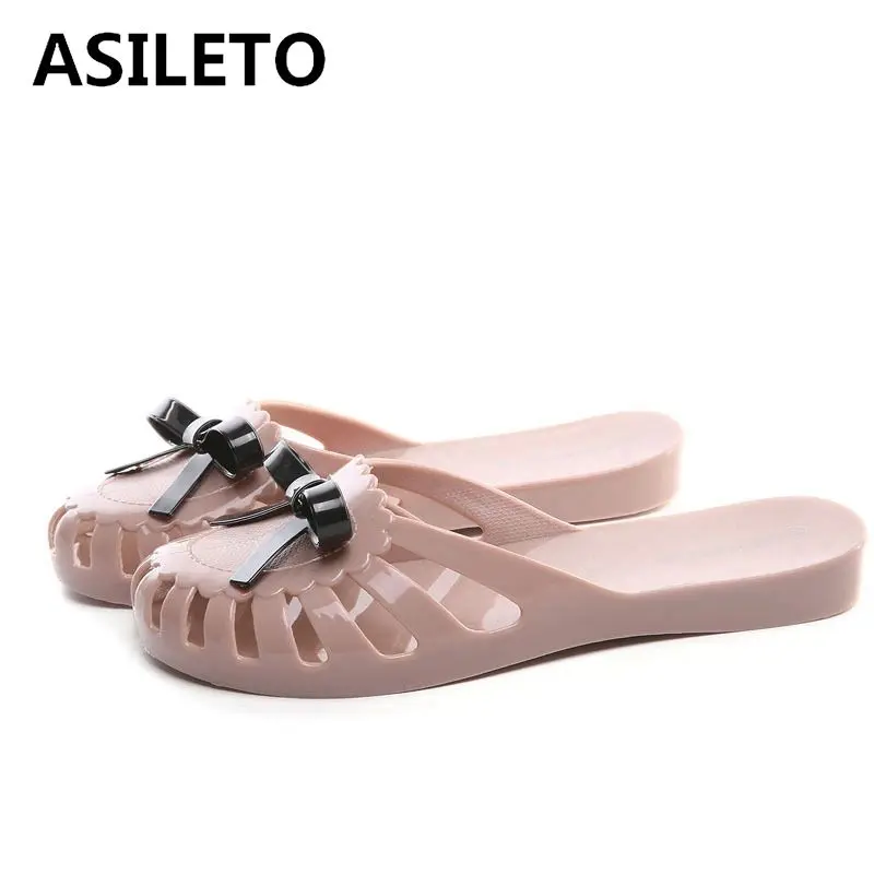 

ASILETO Women summer shoes Mules Clogs flat Sandals Casual Sandals jelly shoes bowtie Hollow out slide flip flops beach slipper