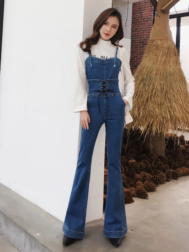 TIYIHAILEY Free Shipping Boot Cut Jeans Size 25-30 Pants For Tall Women Lace Up Overalls Jumpsuit And Rompers Denim Trousers
