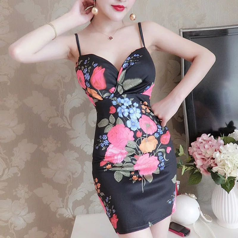 2018 Сексуальная V шеи Ретро Цветочный принт спагетти ремень платья Для женщин