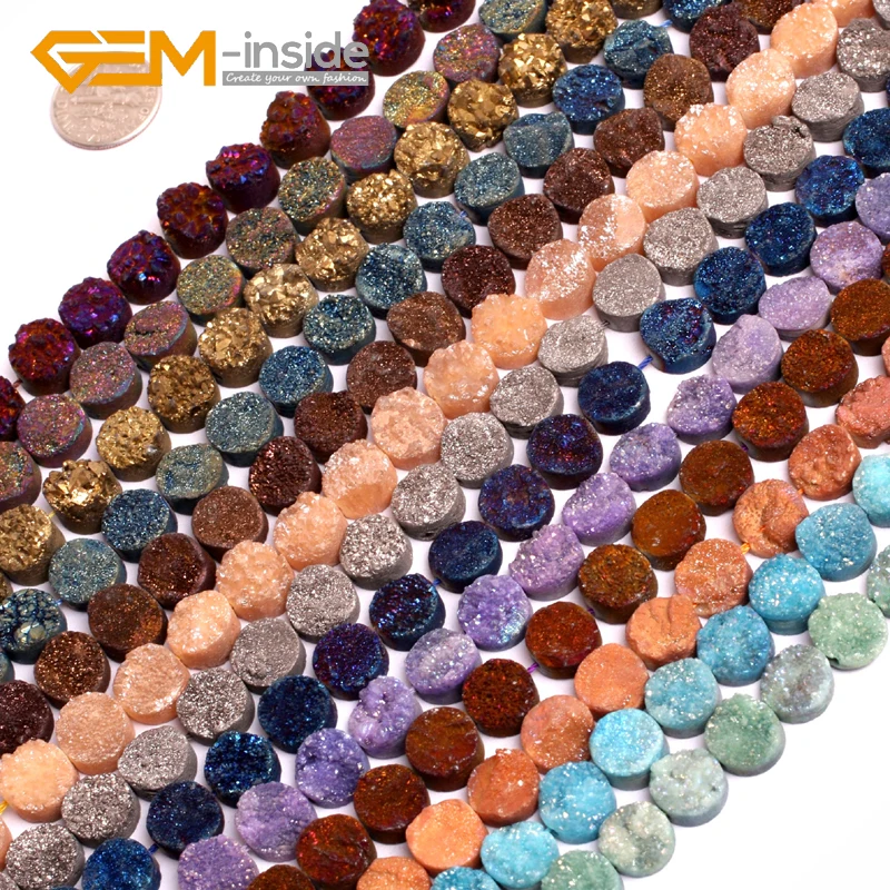 

10mm Coin Shape Crude Beads Dyed From Raw Amethy Metallic Titanium Coated Loose Bead For Jewelry Making Strand 8" DIY