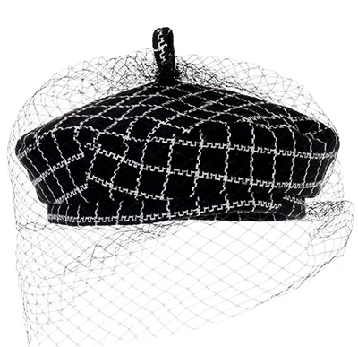 plaid beret JOEJERRY Wool Beret Female French Hat Tweed Beret Plaid Hat with Veil For Wedding Party - Цвет: plaid beret