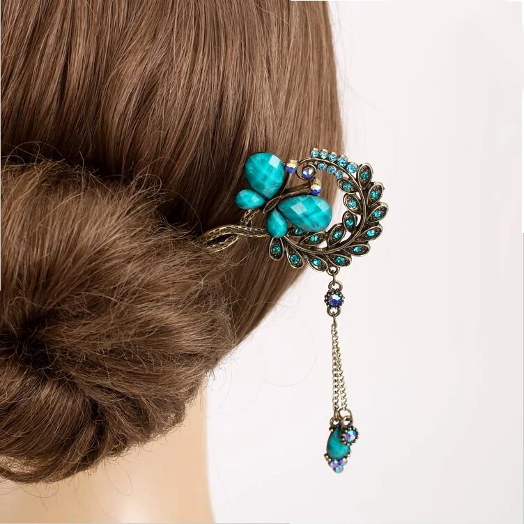 Retro Charm Flower Butterfly Hairpin Colorful Rhinestone Hair Stick New Arrival Women Accessories | Украшения и аксессуары