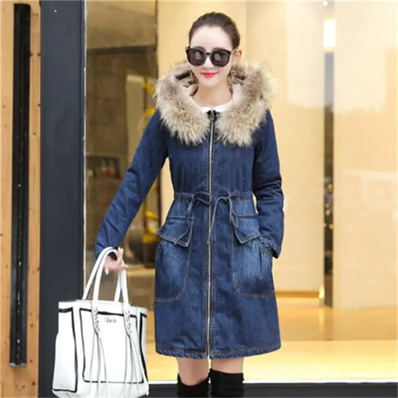 

Fashion women's 2019 winter new thick warm cotton jacket Slim long coat cowgirl coatWomen's hooded jacket denim coat Ms. Wild