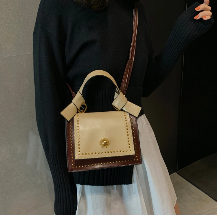 Летняя Новинка, корейская мода ulzzang, хит, цветная сумка на плечо с заклепками, шикарная, Harajuku, однотонная, повседневная, женская, маленькая, квадратная сумка