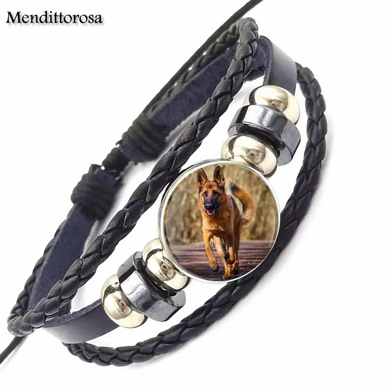 EJ глазурь ваш любимый волк собака стекло кабошон черный кожаный браслет