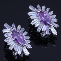 exclusive marquise purple cubic zirconia white cz silver plated clip hoop huggie earrings v0893