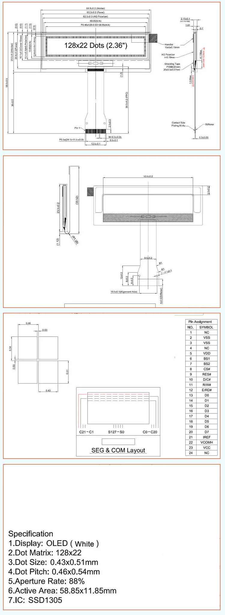 2,36 дюймов 24P SPI COG белый oled-дисплей SSD1305 драйвер 128*22 IIC I2C/8 бит параллельный интерфейс 3003321501001