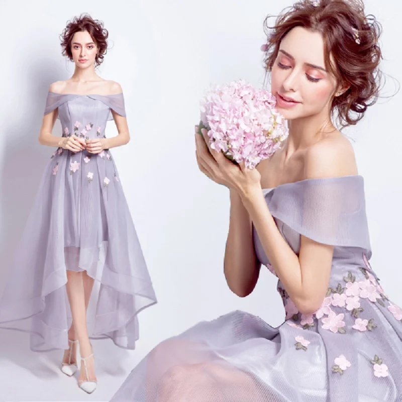 

2018new stock plus size women pregnant bridesmaid dresses wedding party high low flower boat neck sexy romantic cheap grey dress