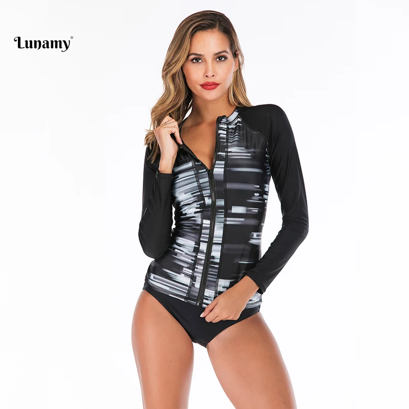 Lunamy 2019 Mosaic Print Swimwear Women Tankini Two Piece Swimsuit Long Sleeves Rash Guards Padded Beachwear Bathing Suit Girls | Спорт и