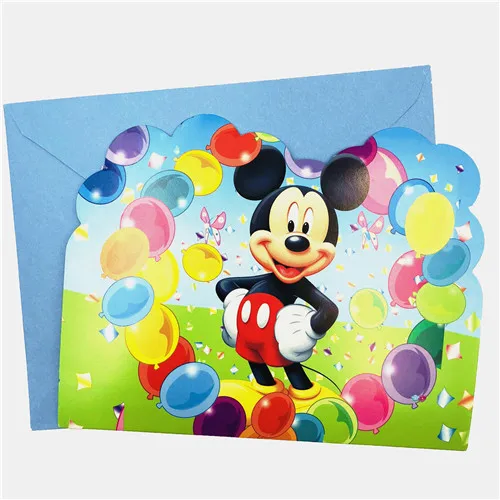 Inviting card 6pcs Микки Маус тема Дети с днем рождения украшение тарелка чашка соломенные салфетки Лут сумки одноразовые столовые приборы вечерние принадлежности - Цвет: Inviting card 6pcs