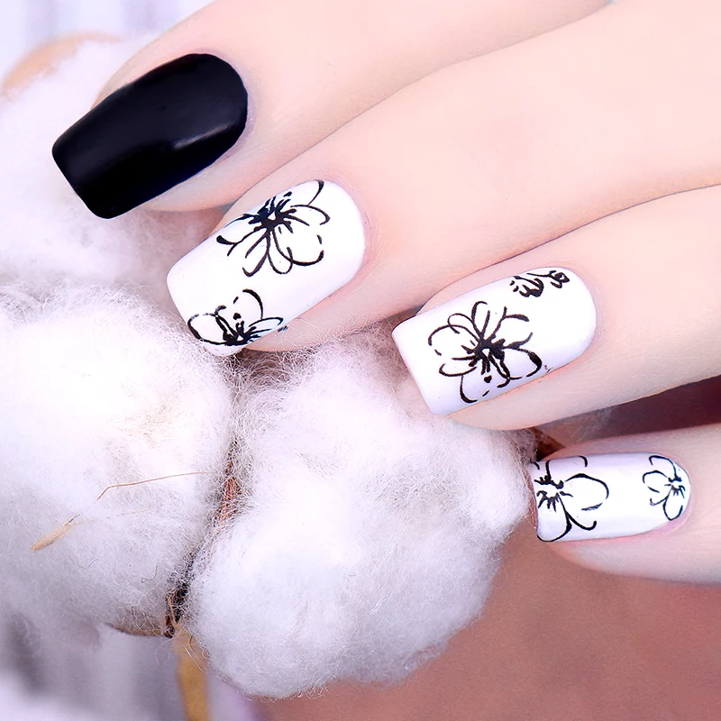 1 лист линии цветок воды Наклейка Черный Простой рисунок ногтей переводная