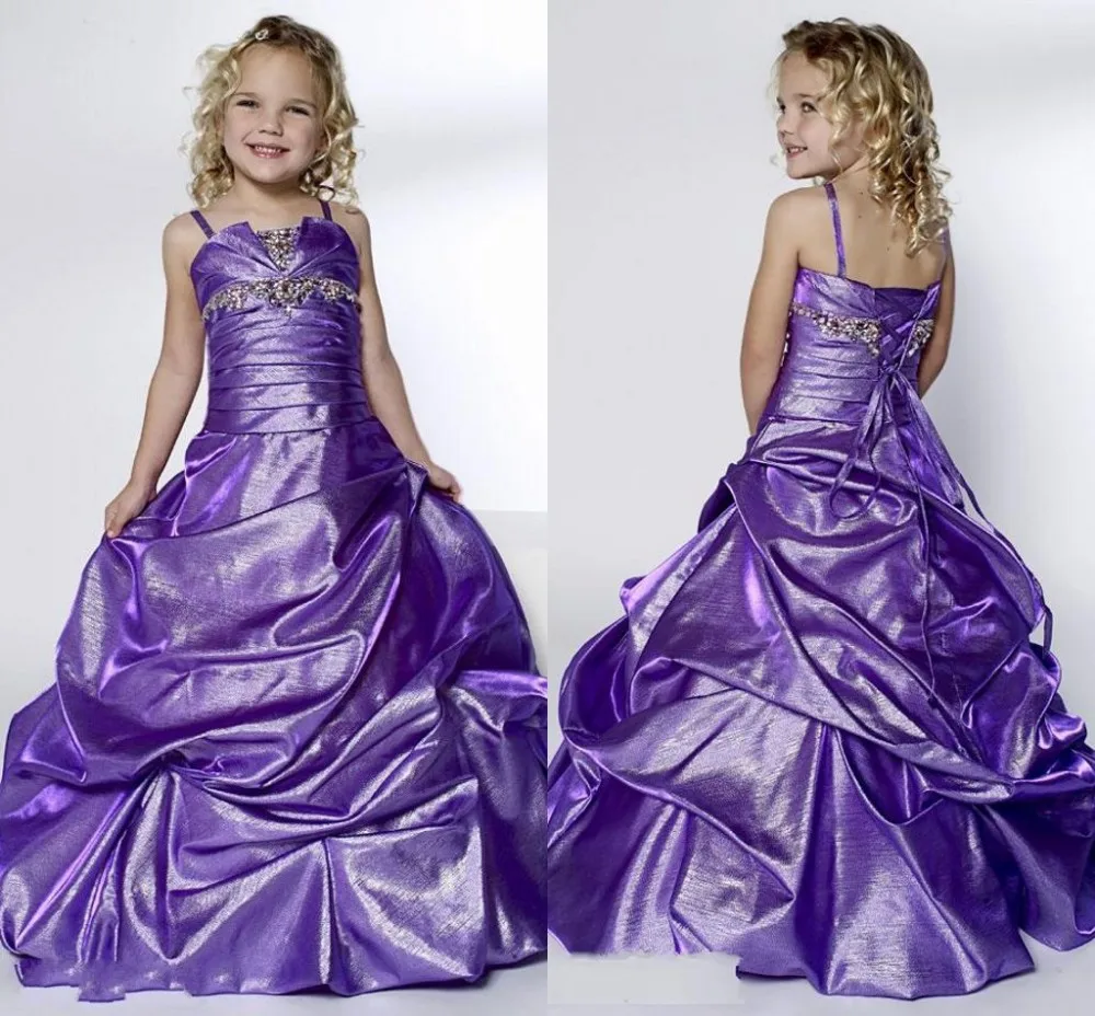 

Hot Sale Purple Taffeta Spaghetti Strap Girl's Pageant Dresses Floor Length Ruffle Lace Up Girl's Dresses 2017 New Arrival ZP053