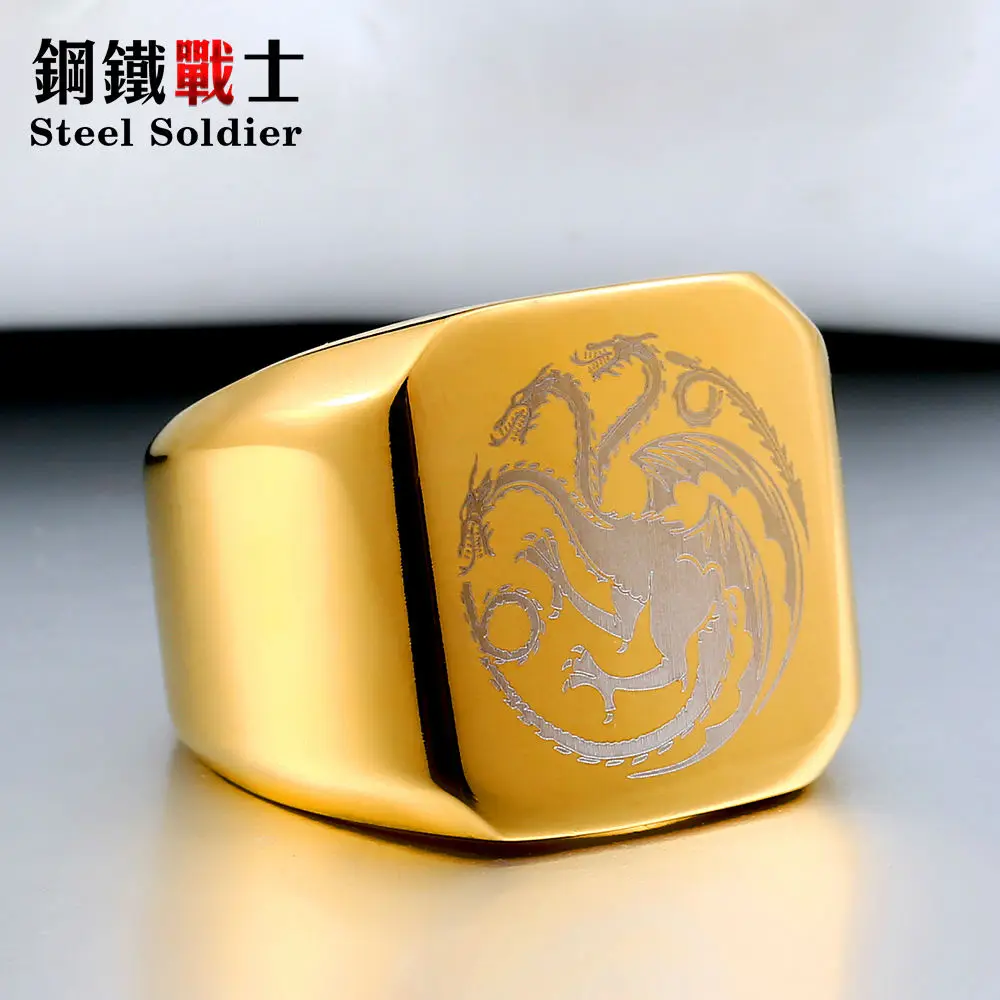 gold dragon Стальной солдат, нержавеющая сталь, для мужчин, кино стиль, Игра престолов, модное популярное кольцо, ледяной волк, мужские титановые стальные ювелирные изделия - Цвет основного камня: gold dragon