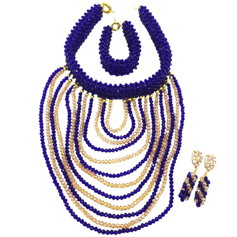 

Women Fashion Royal Blue African Beads Jewelry Set Nigerian Wedding Necklace Bead Sets Party Gift DDK010