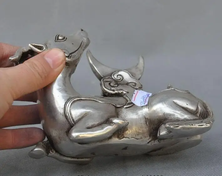 Старая китайская народная фэншуй Серебряная Статуэтка быка счастливого