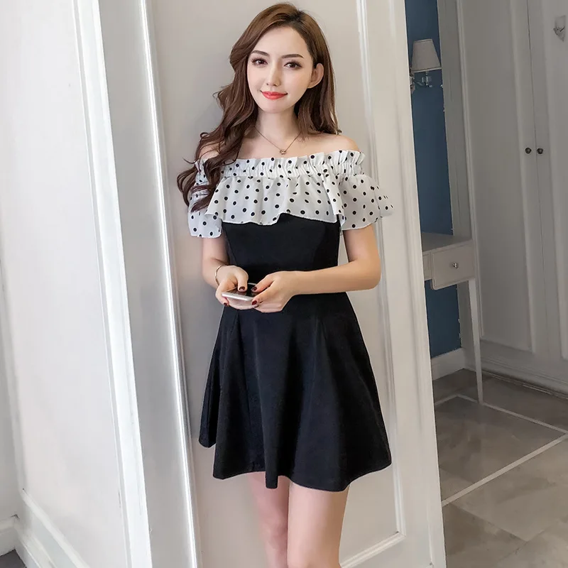 

2018 New Arrivals Summer sexy dot dot shoulder stitching slim A short sleeved dress Free Shipping