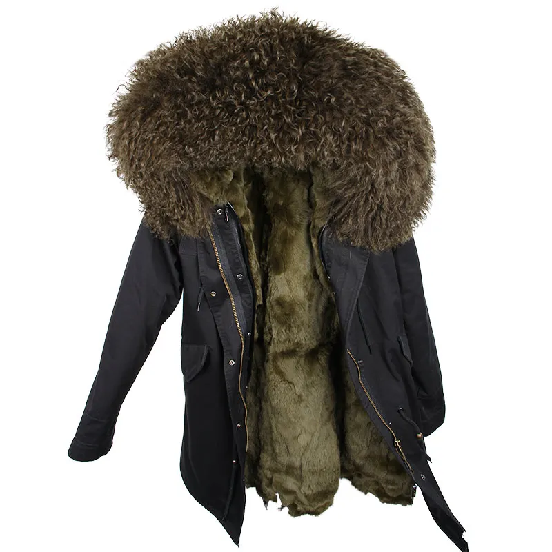 black green OFTBUY пальто с натуральным мехом, зимняя куртка, Женская длинная парка, воротник из натурального меха монгольской овцы, капюшон, подкладка из натурального кроличьего меха, уличная одежда - Цвет: black green