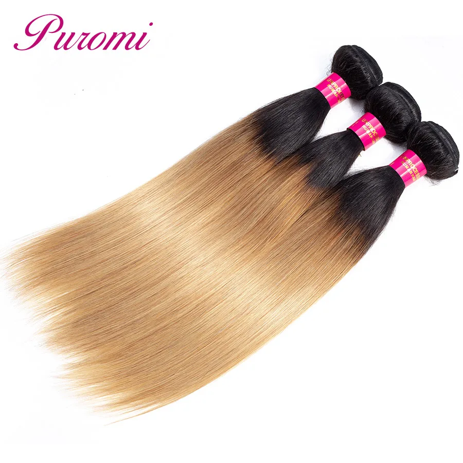 Puromi Ombre Пучки Волос Honey Blonde T1b/27 перуанский 3 Связки прямые волосы человеческих