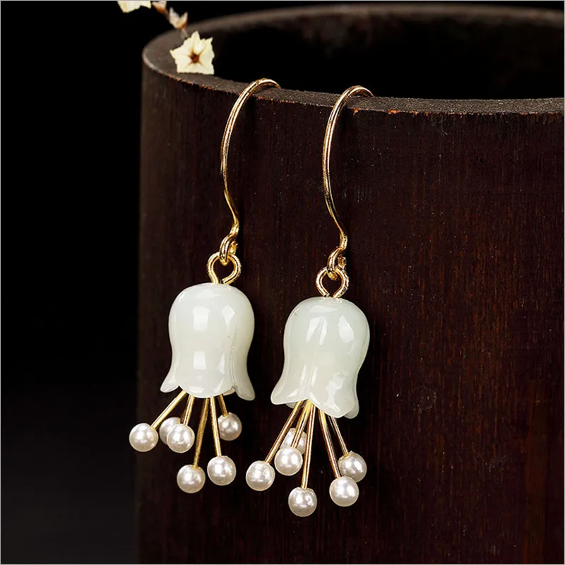 Женские серьги из серебра 925 пробы с натуральным нефритом|Серьги-подвески| |