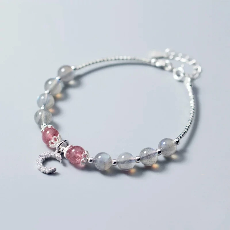 

100% 925 Solid Real Sterling Silver Moonstone Strawberry Crystal Beads Moon CZ Bracelet 19CM For Girl Women Charm Jewelry S2283