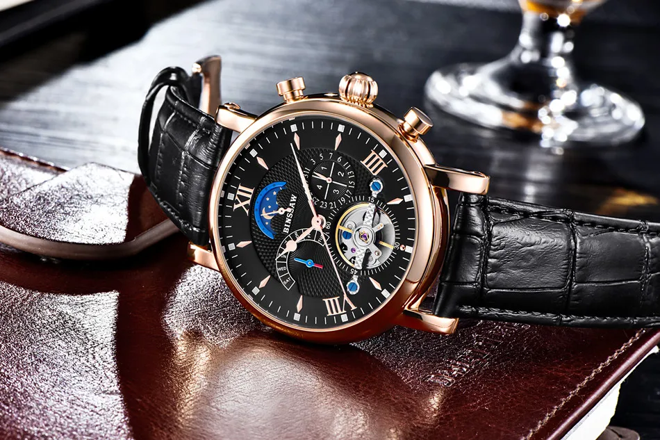 BINSSAW Reloj Мужские механические часы Автоматические турбийон бизнес кожа Montre Homme Moon Phase спортивные часы Zegarek Meski