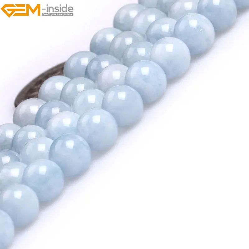 Gem-inside Natural Round Smooth Light Blue A Grade Aquamarine Quartz Beads for Jewelry Making 15'' DIY Jewellery Christmas Gift |