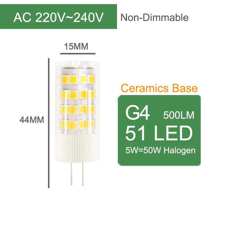 G4 220V 51LED NoDim Kaguyahime 5 шт./лот светодиодный E14 G9 G4 лампы затемнения лампы 3w 5w 9w AC 220V DC 12V SMD2835 удара G4 светодиодный G9 заменить галогенные - Испускаемый цвет: G4 220V 51LED NoDim