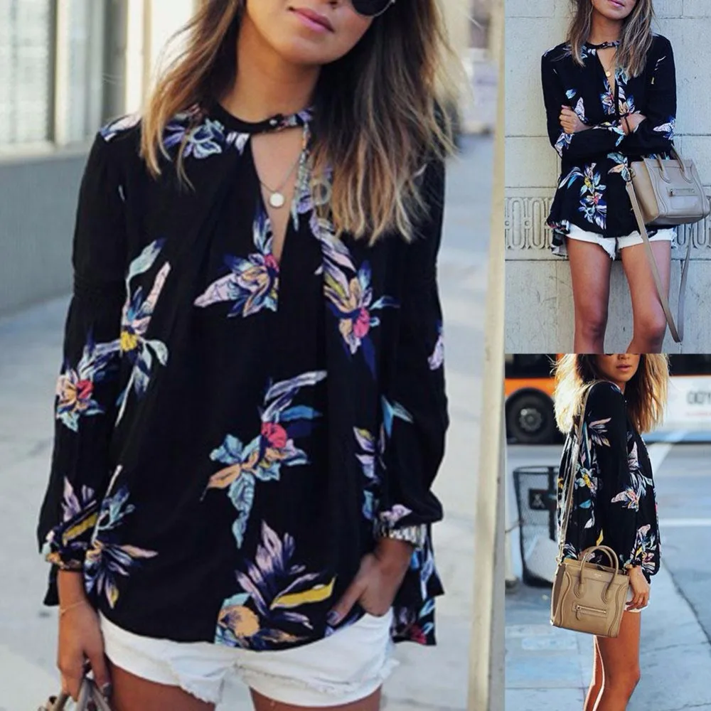 Для женщин колье воротник свободные Блузки для малышек с цветочным принтом