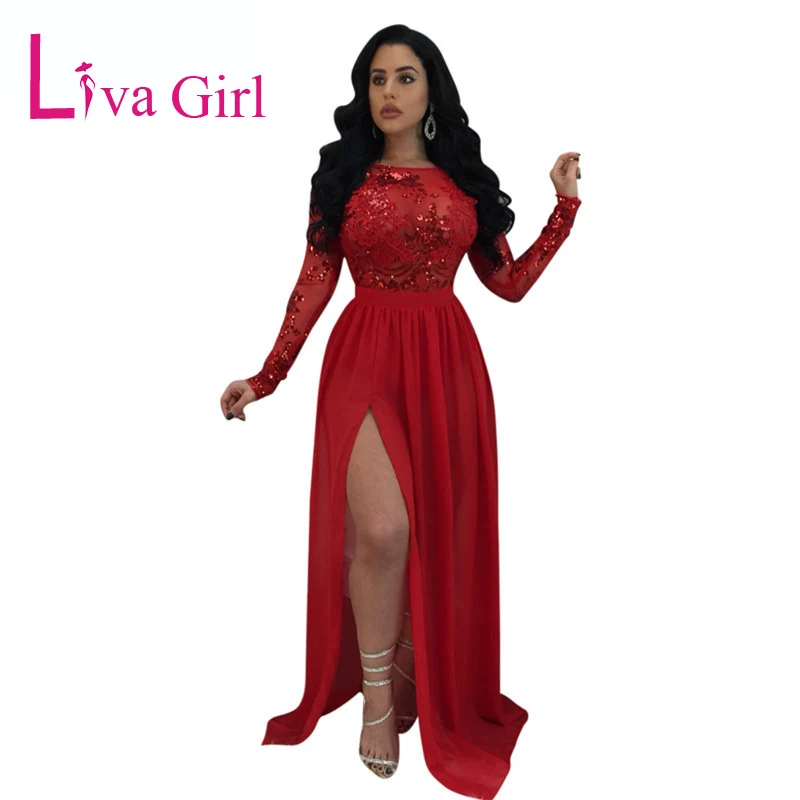 

Сексуальное Макси-платье LIVA GIRL с открытой спиной и блестками, женское облегающее вечернее платье с длинным рукавом и разрезом, Осеннее крас...