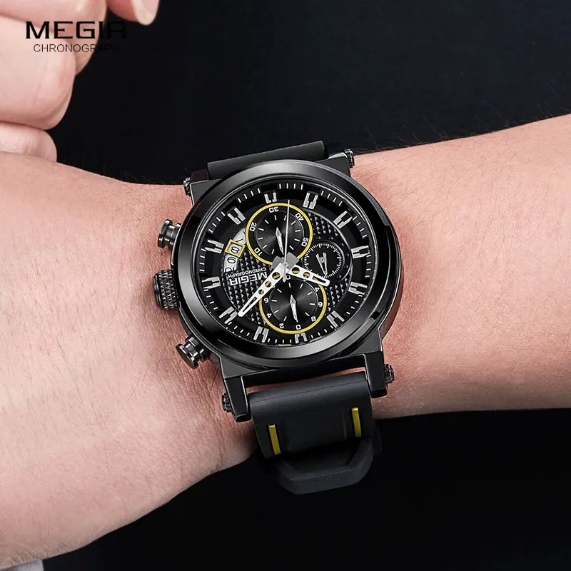 Megir Men's Sports Quartz Watches Silicone Strap Chronograph Army Wrist Watch Man Relogios Masculino Waterproof 3 Bar 2100 Black |