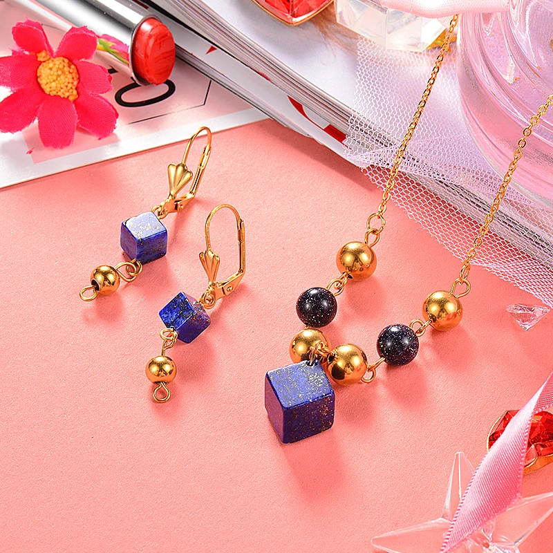 Baoyan натуральный камень Lapis Cube Женский Золотой 316L из нержавеющей стали бисерный ювелирный набор