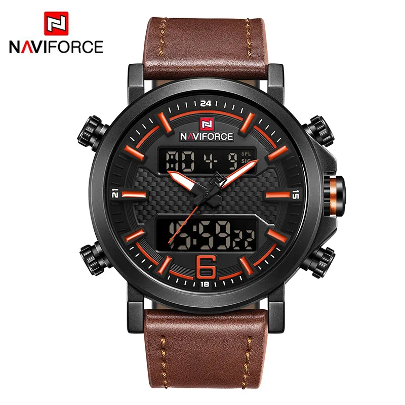 Brown Orange NAVIFORCE мужские часы Аналоговые СВЕТОДИОДНЫЕ Цифровые мужские часы люксовый бренд дата Кожа Высокое качество Мужские часы Водонепроницаемость - Цвет: Brown Orange