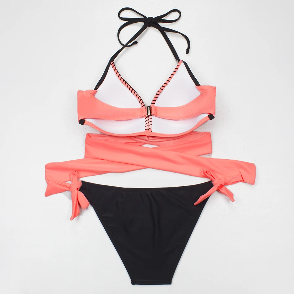 Женское бикини с пуш апом ESSV сексуальное перекрещенными завязками на шее пляжный