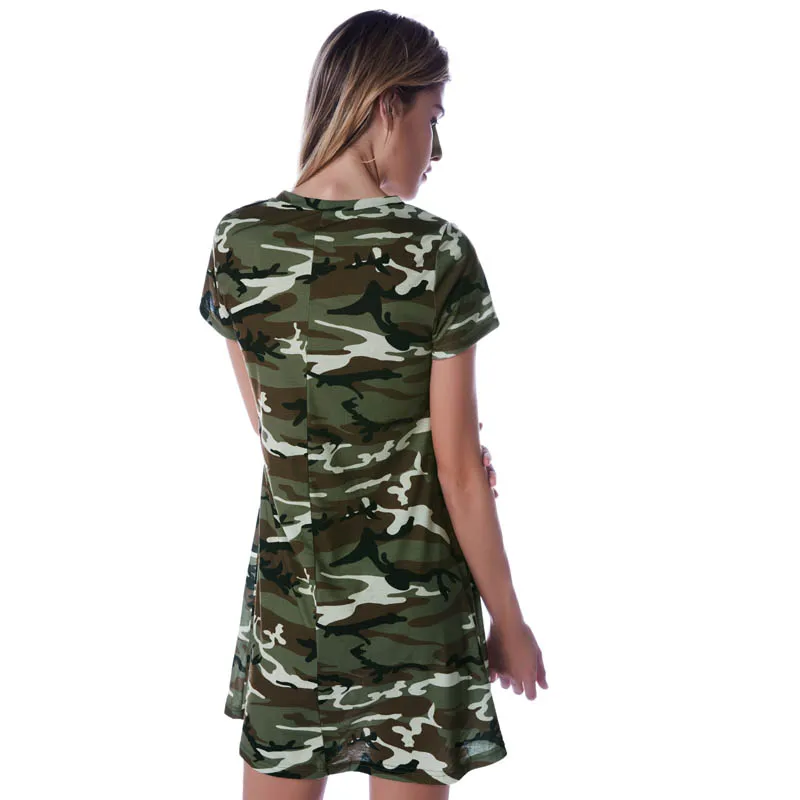 2016 женская мода лето хлопок Камуфляж bodycon платье с коротким рукавом V-образным