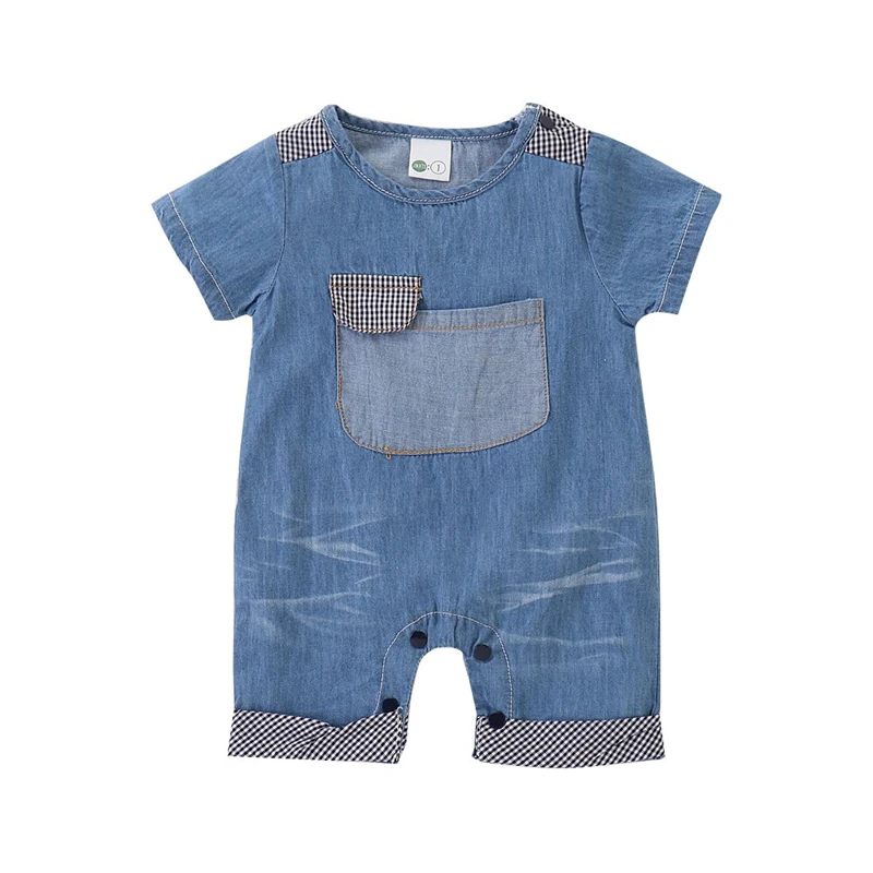 2019 Summer Short Sleeve Round Neck Blue Pocket Denim Jumpsuit Outfits Clothes Playsuit Toddler Newborn Kids Baby Boy Romper |
