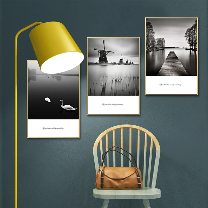 Скандинавский черно-белый пейзаж Лебедь ветряная мельница холст фотография