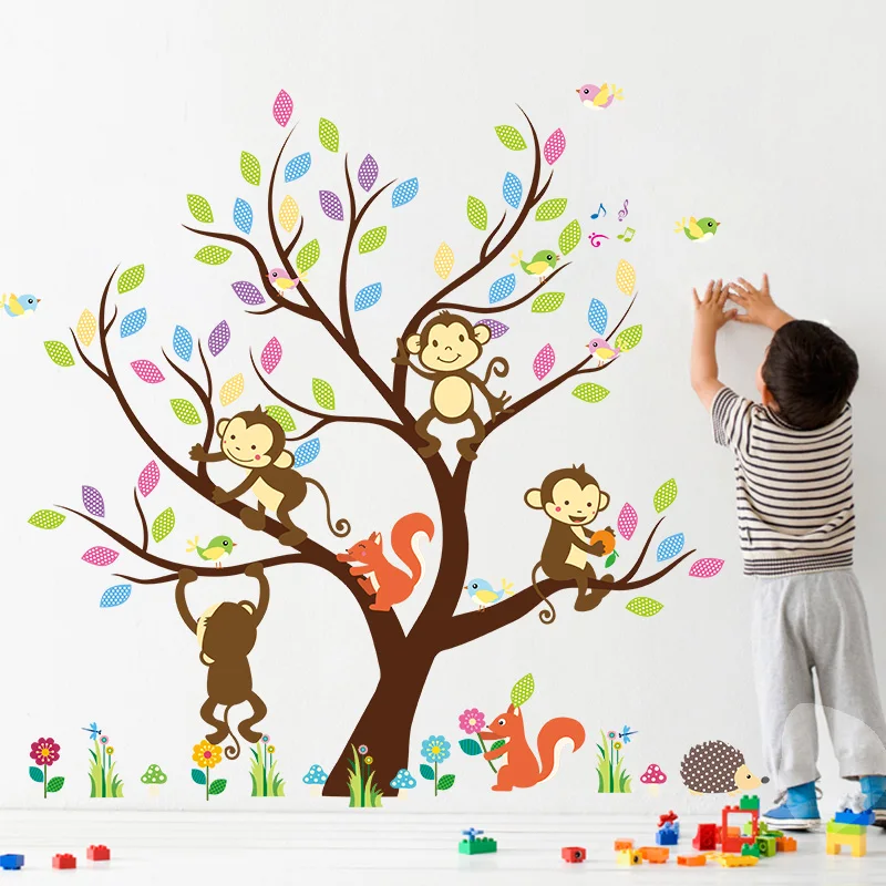 

Cartoon Squirrel Monkey Tree Wall stickers for kids room home decor diy cartoon mural art nursery home decals children gift