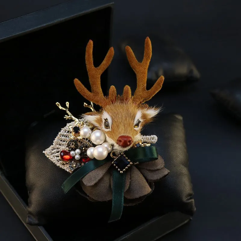 Рождественская 3D брошь в виде оленя лося кристалла жемчуга стиле пэтчворк